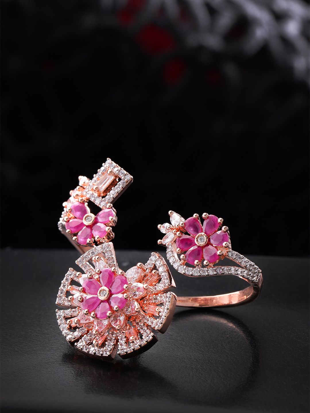 Priyaasi Pink Rose Gold-Plated CZ-Studded Handcrafted Adjustable Dual Finger Ring Price in India