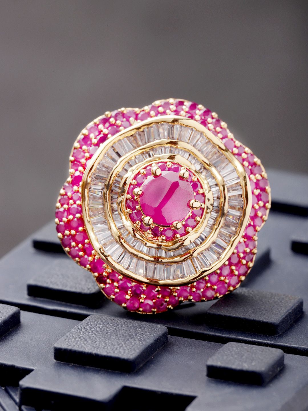 Priyaasi Pink Gold-Plated American Diamond Studded Handcrafted Adjustable Ring Price in India