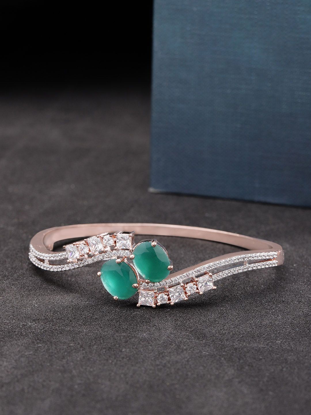 Priyaasi Green Rose Gold-Plated American Diamond-Studded Handcrafted Bangle-Style Bracelet Price in India