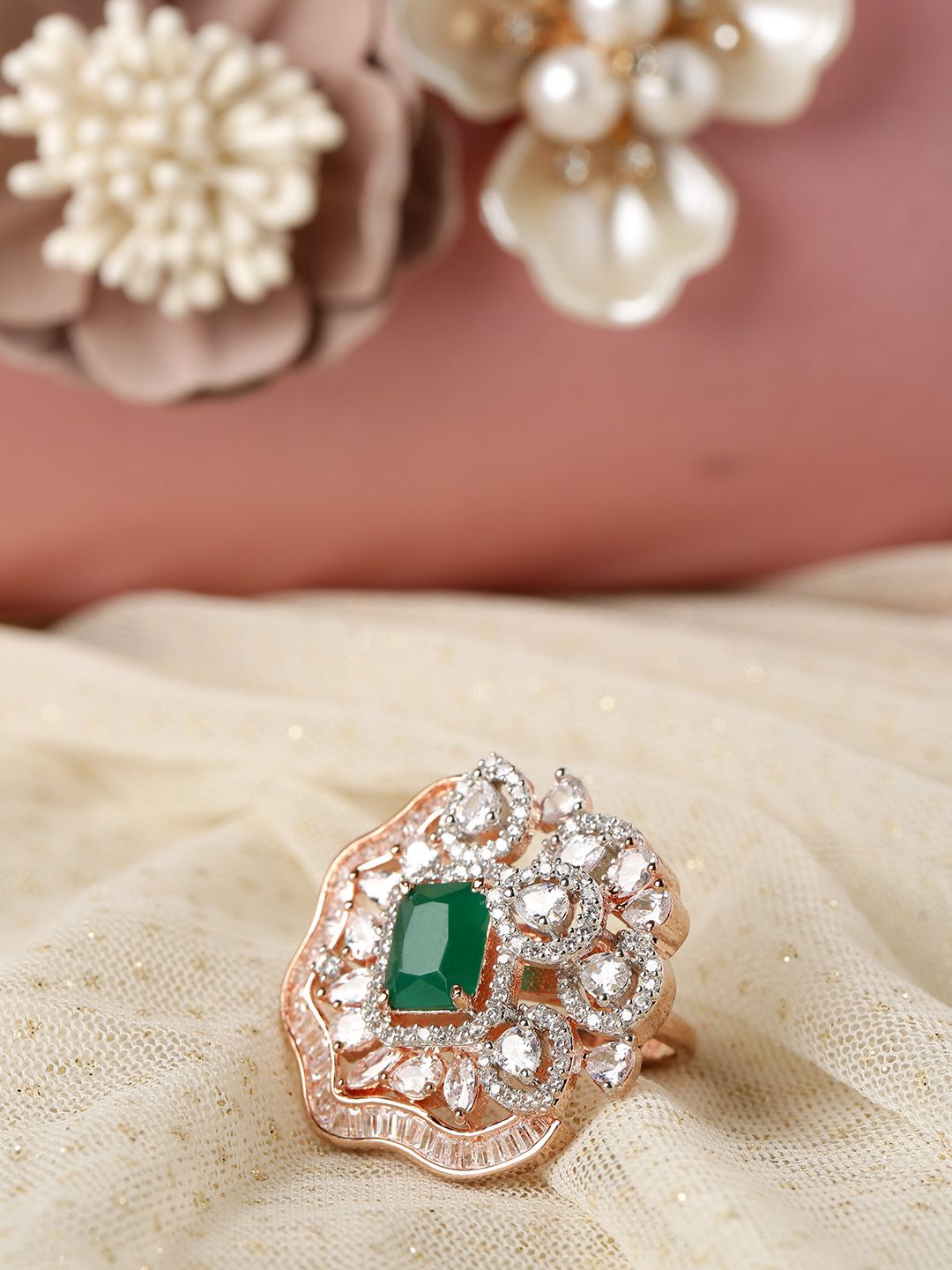 Priyaasi Green Rose Gold-Plated CZ-Studded Handcrafted Adjustable Ring Price in India