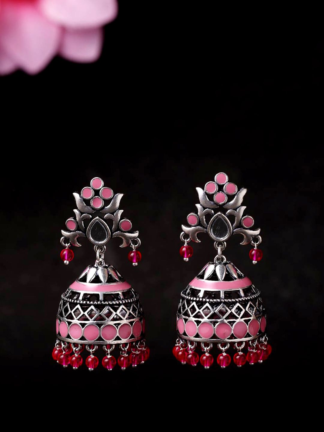 Voylla Oxidised Silver-Plated & Pink Dome Shaped Jhumkas Price in India