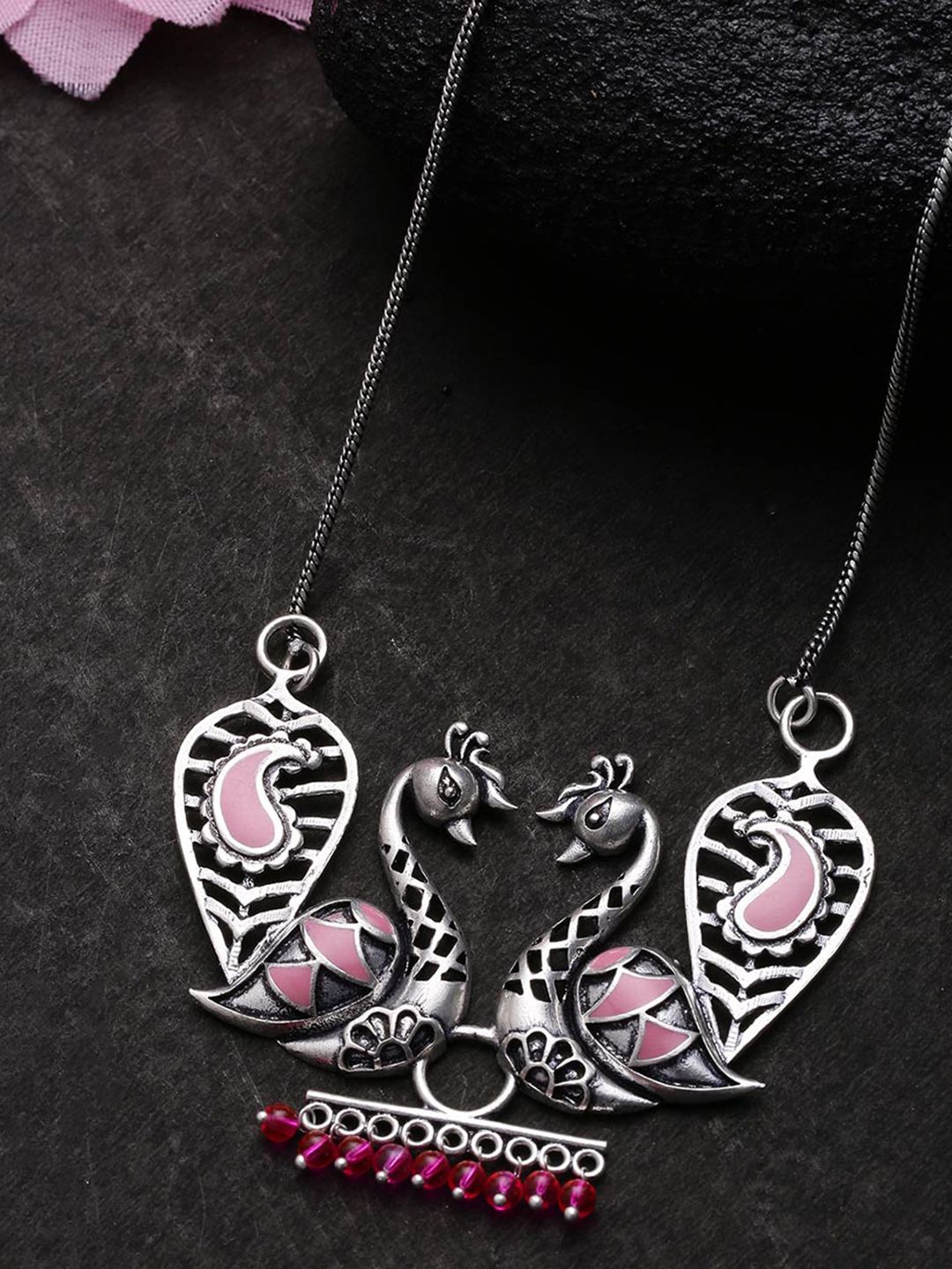 Voylla Silver-Toned & Pink Brass Silver-Plated Oxidised Necklace Price in India