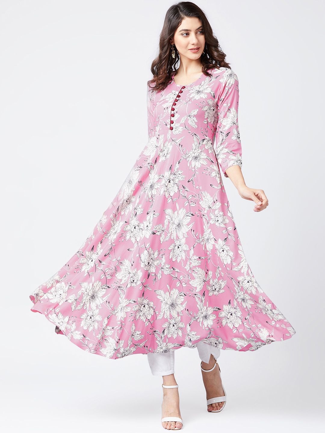 Tissu Women Pink & Off-White Floral Print Anarkali Kurta Price in India
