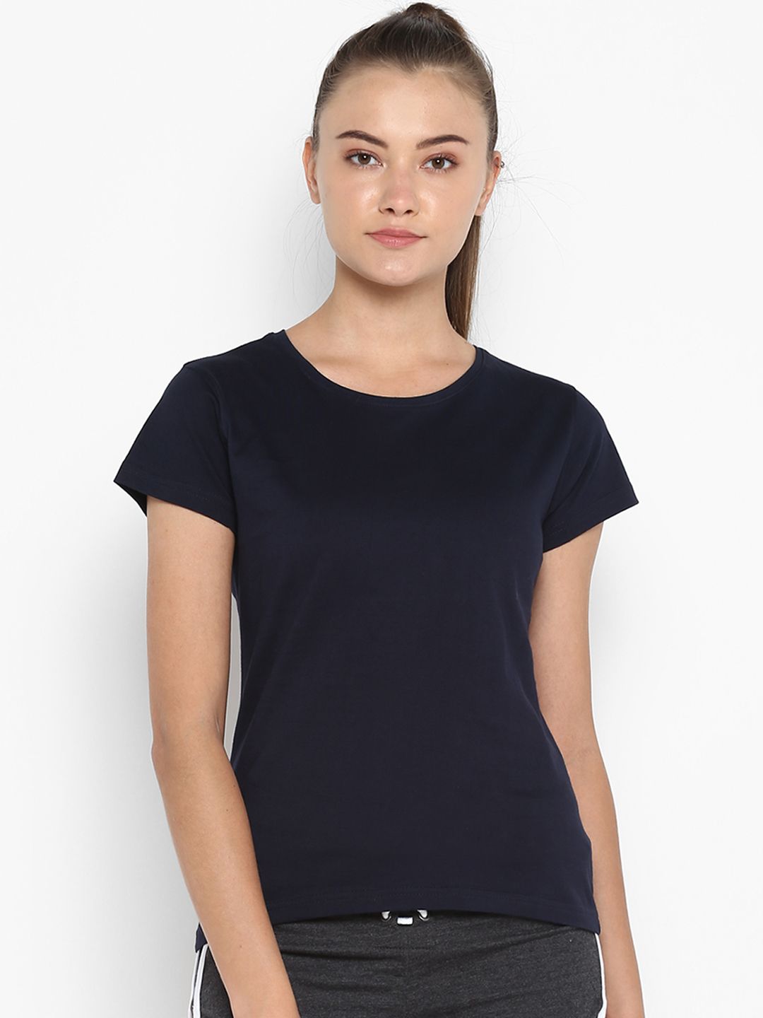 appulse Women Navy Blue Solid Round Neck T-shirt Price in India