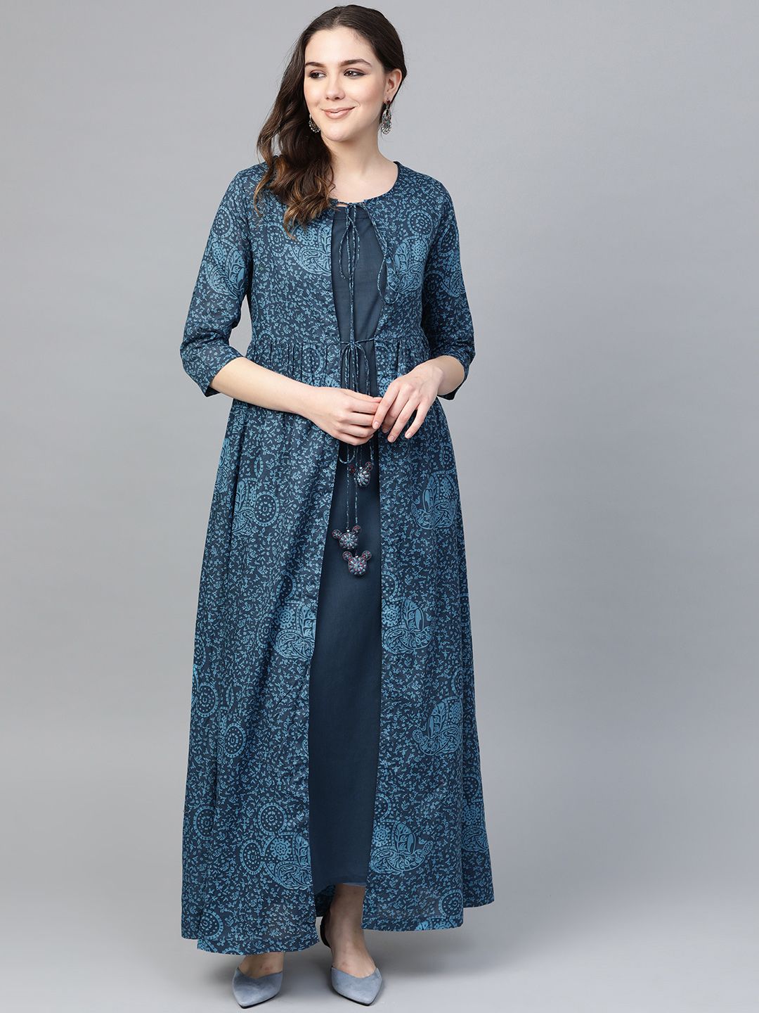 Biba Women Navy Blue Printed Layered A-Line Kurta