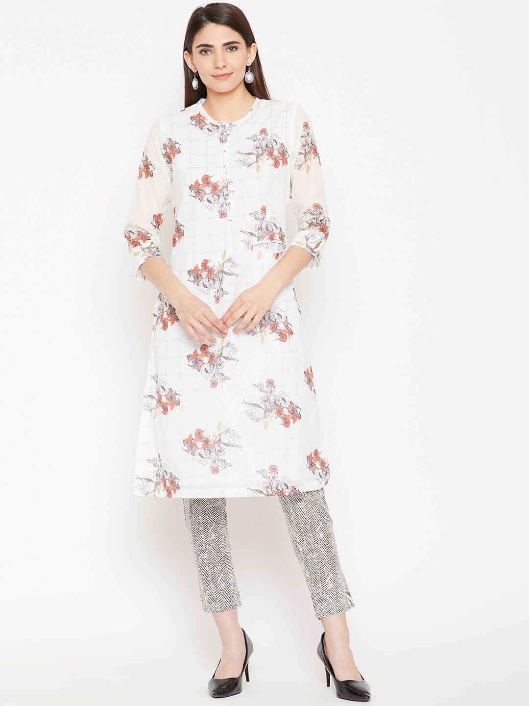 Biba Women Off-White & Red Printed Kurta with Trousers