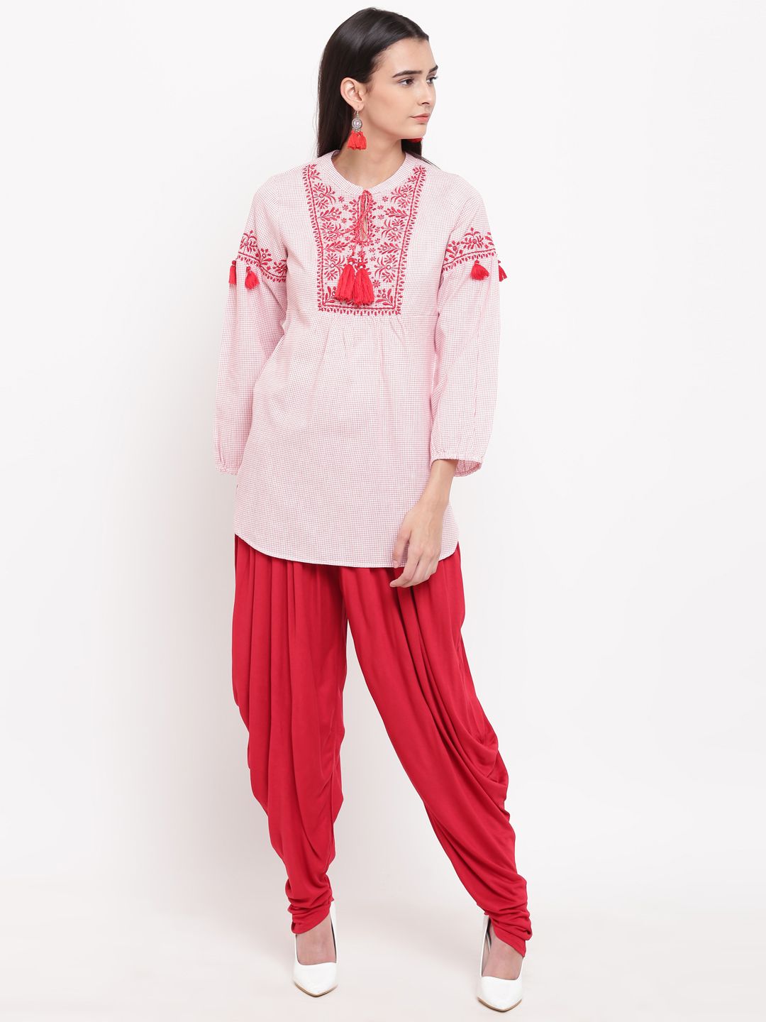 Biba Women Red & White Yoke Design Kurti with Dhoti Pants