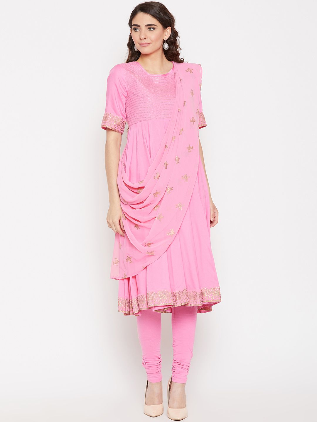 Biba Women Pink Yoke Design Kurta with Churidar