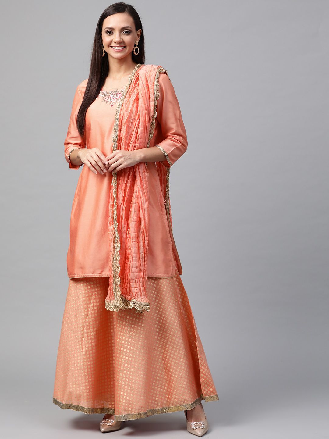 Biba Women Peach-Coloured & Golden Embroidered Yoke Design Kurta with Sharara & Dupatta