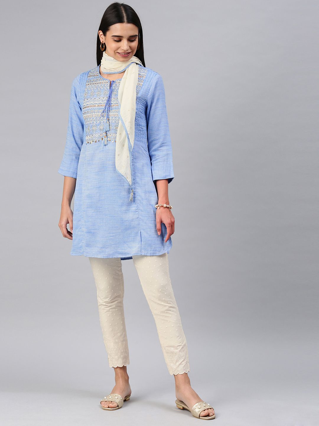 Biba Women Blue & Cream-Coloured Embroidered Kurta with Trousers & Dupatta