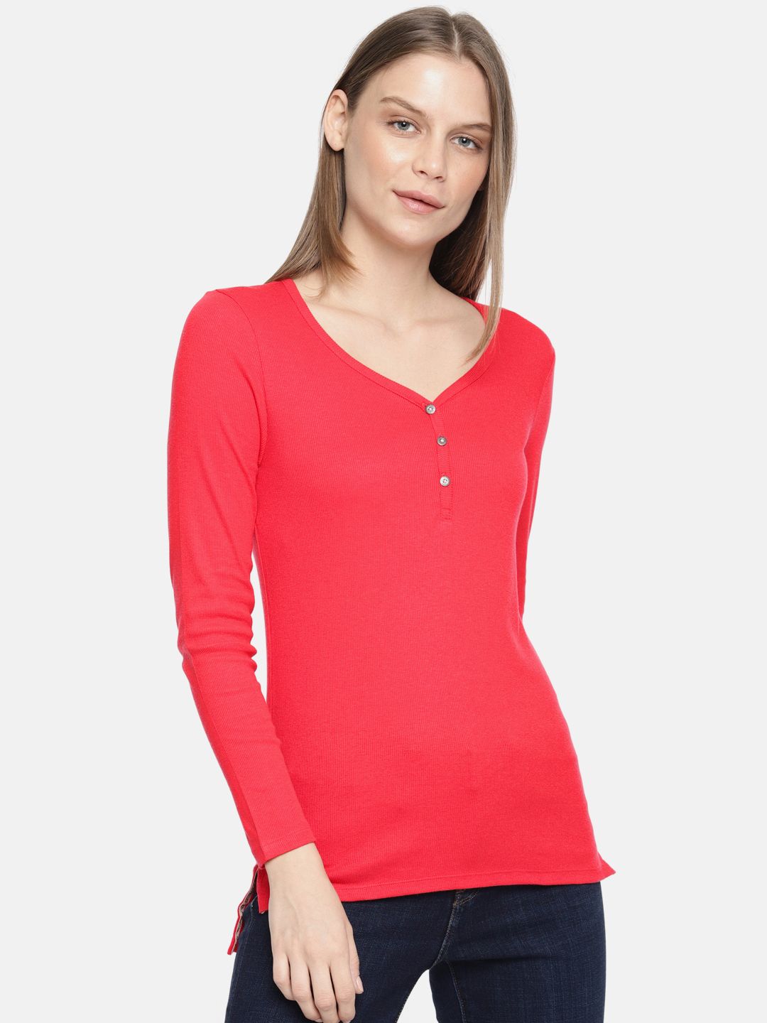 Jockey Women Red Solid Henley Neck Lounge T-shirt Price in India