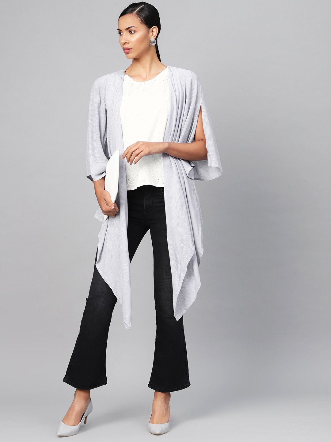 Biba Women White Schiffli Embroidered Pure Cotton Top with Shrug