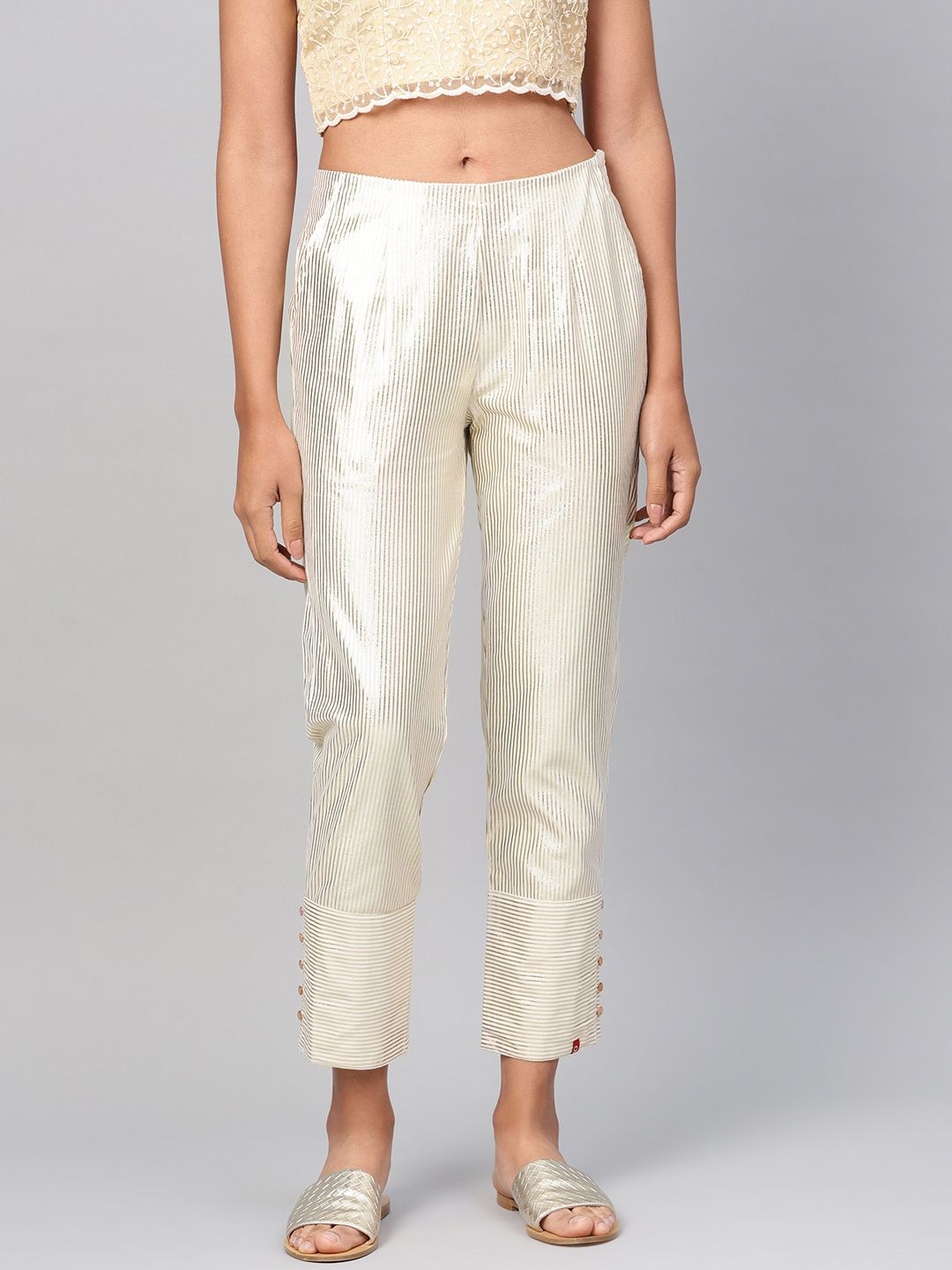 Biba Women Off-White & Golden Striped Cropped Regular Trousers