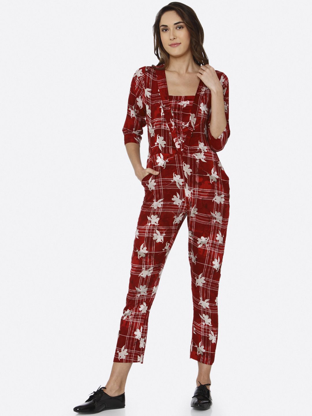 RAISIN Red & White Printed Basic Jumpsuit Price in India