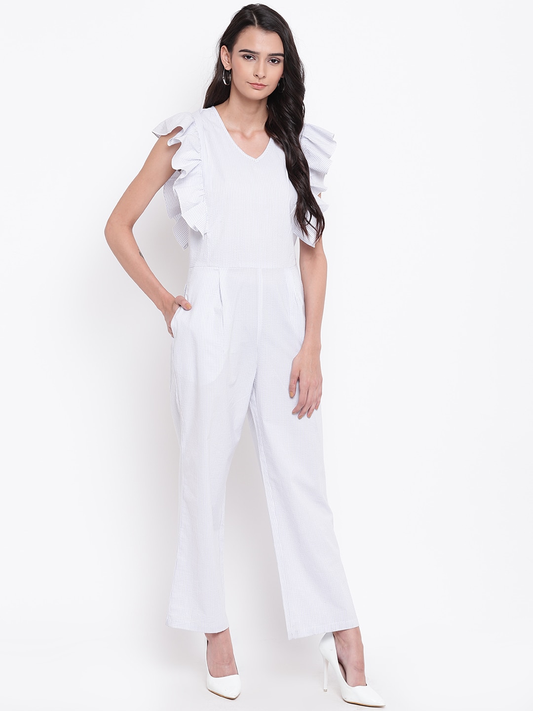 Belle Fille White & Blue Striped Basic Jumpsuit Price in India