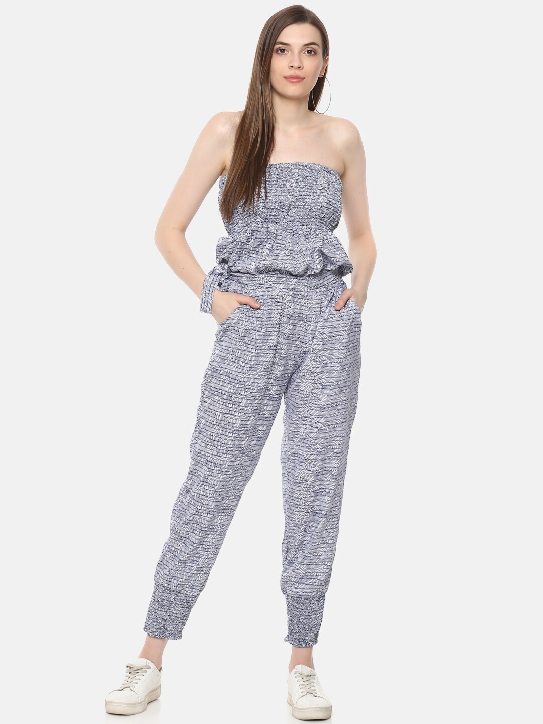 Belle Fille Navy Blue& White  Printed Basic Jumpsuit Price in India