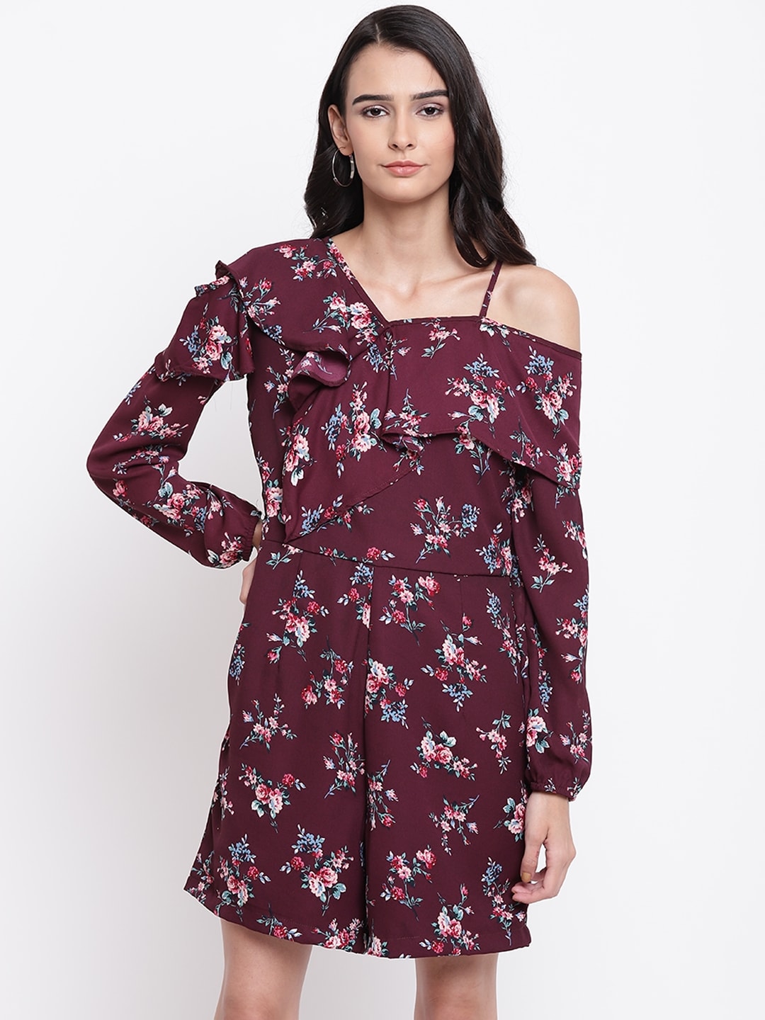 Belle Fille Burgundy & Pink Printed Playsuit Price in India