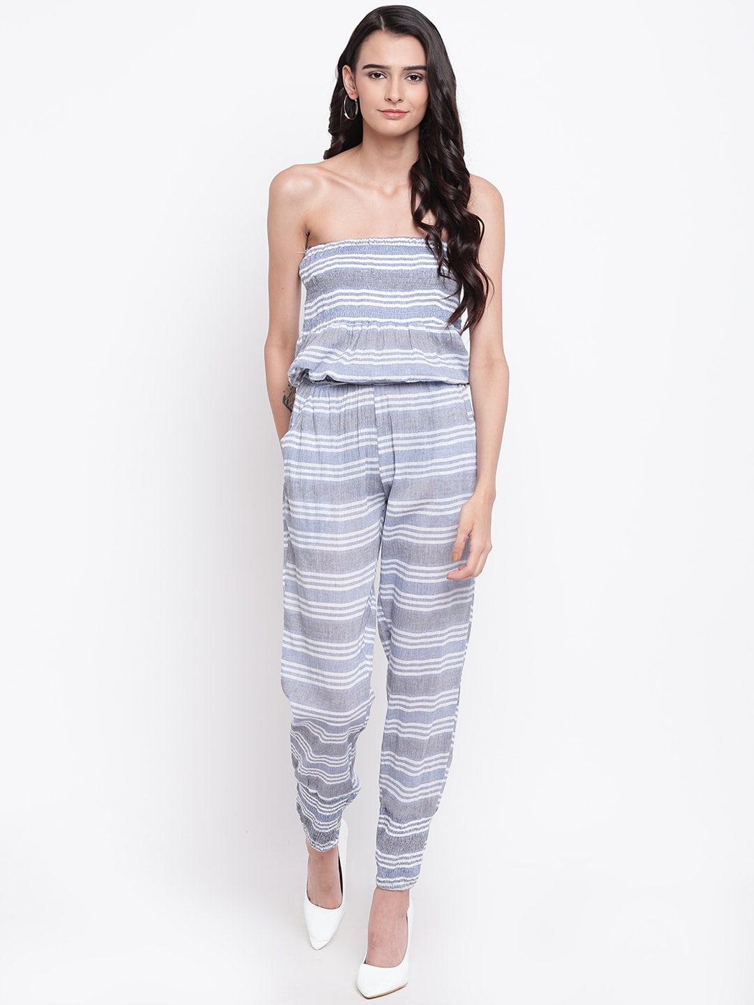 Belle Fille Blue & White Striped Basic Jumpsuit Price in India