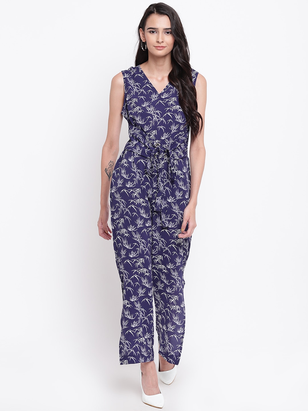 Belle Fille Navy Blue & White Printed Basic Jumpsuit Price in India