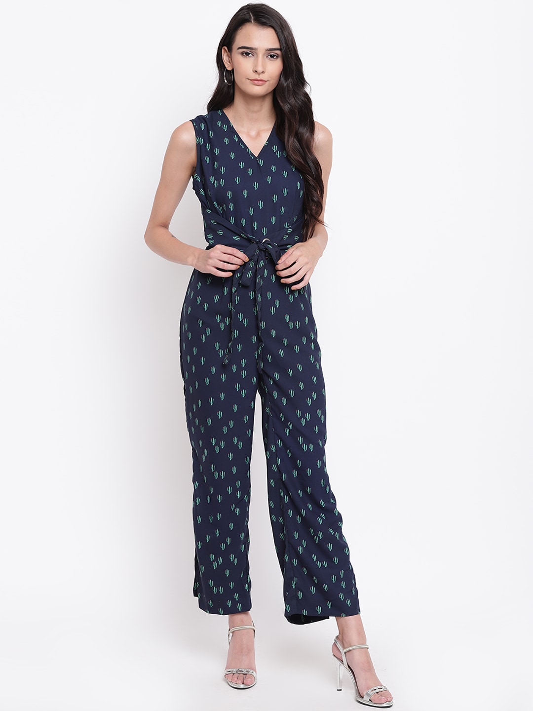 Belle Fille Navy Blue & Green Printed Basic Jumpsuit Price in India