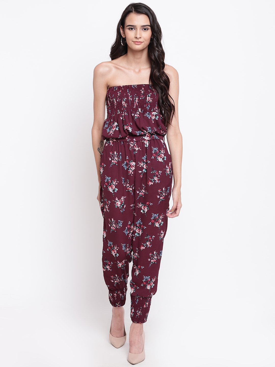 Belle Fille Burgundy & Pink Printed Strapless Basic Jumpsuit Price in India