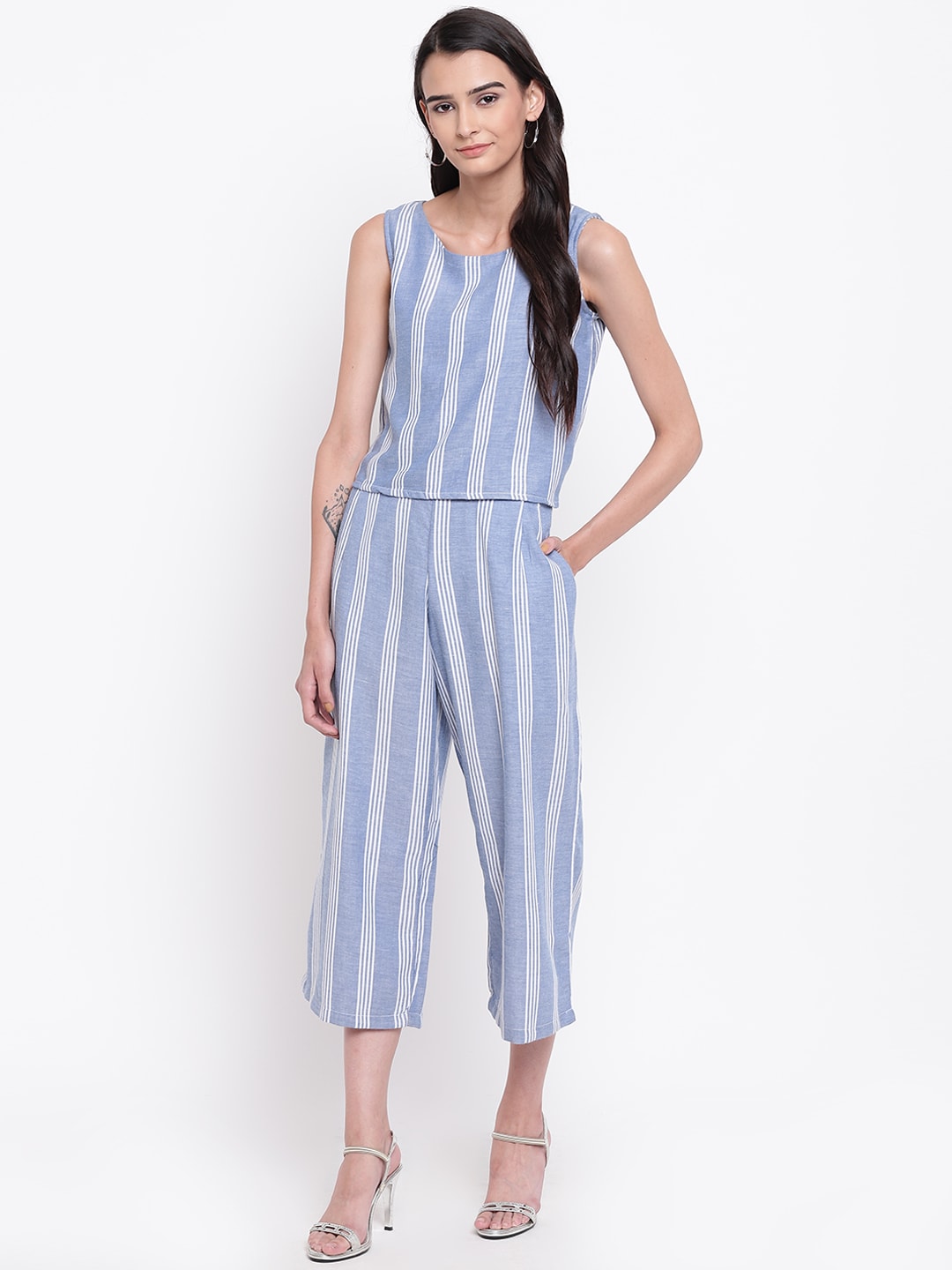 Belle Fille Blue & White Striped Layered Capri Jumpsuit Price in India