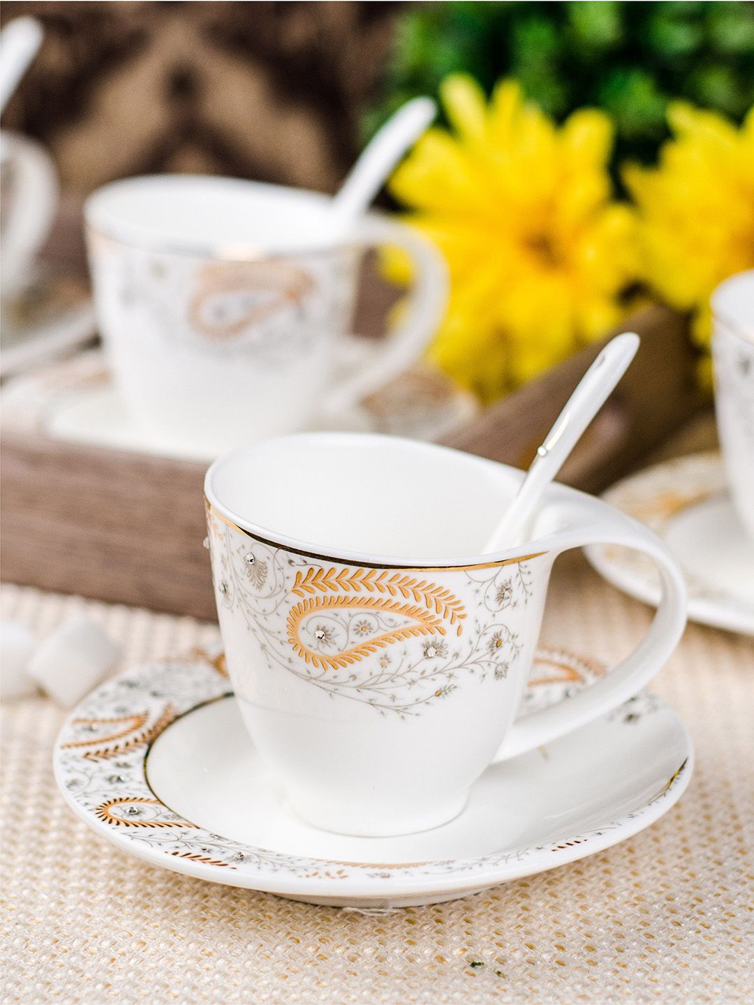 GOODHOMES White Printed Porcelain Cup & Saucer Set with Swarovski Studded & 24k Gold Print Price in India