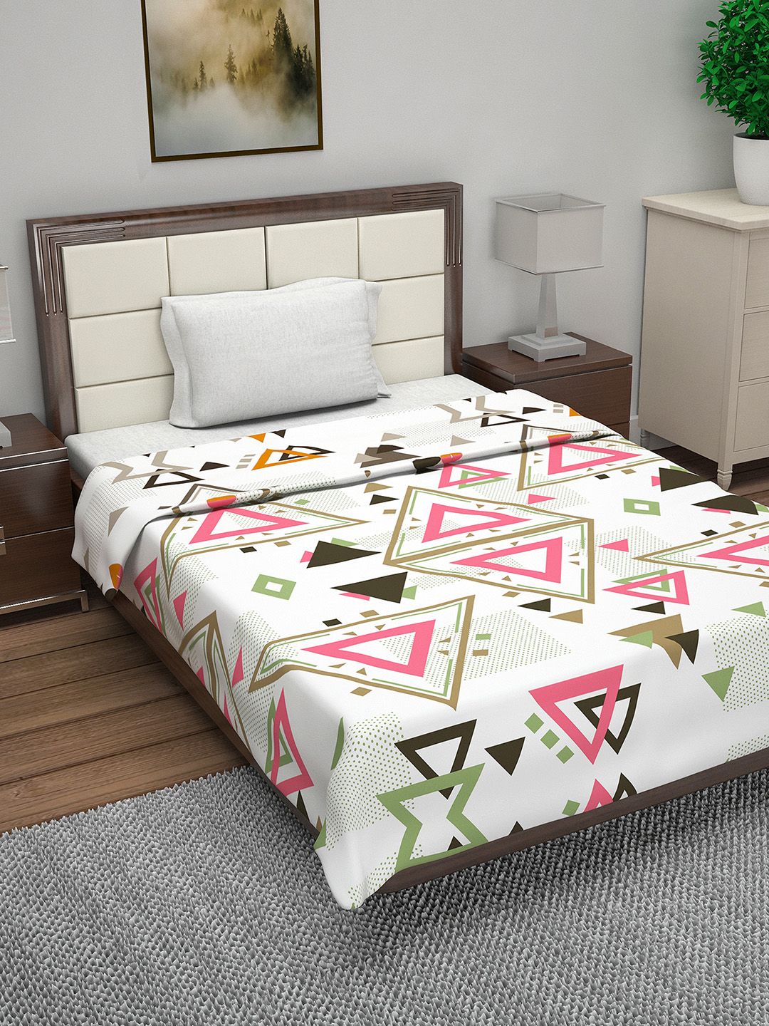 Divine Casa White & Pink Geometric AC Room 110 GSM Single Bed Quilt Price in India