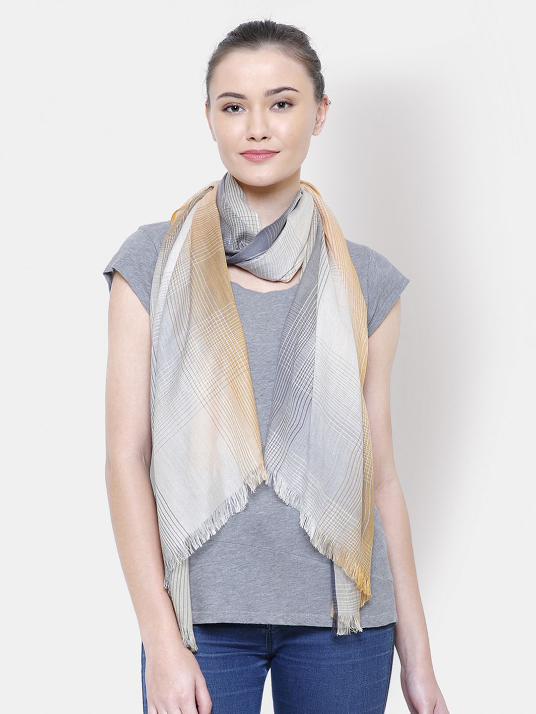 Anekaant Women Grey & Yellow Woven Design Stole Price in India