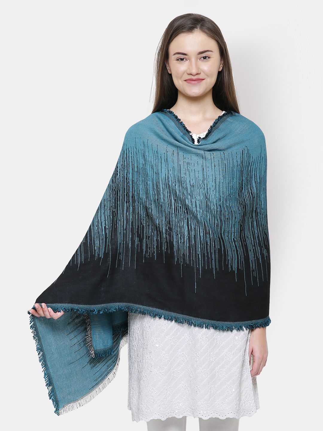 Anekaant Women Turquoise-Blue & Black Woven Design Shawl Price in India