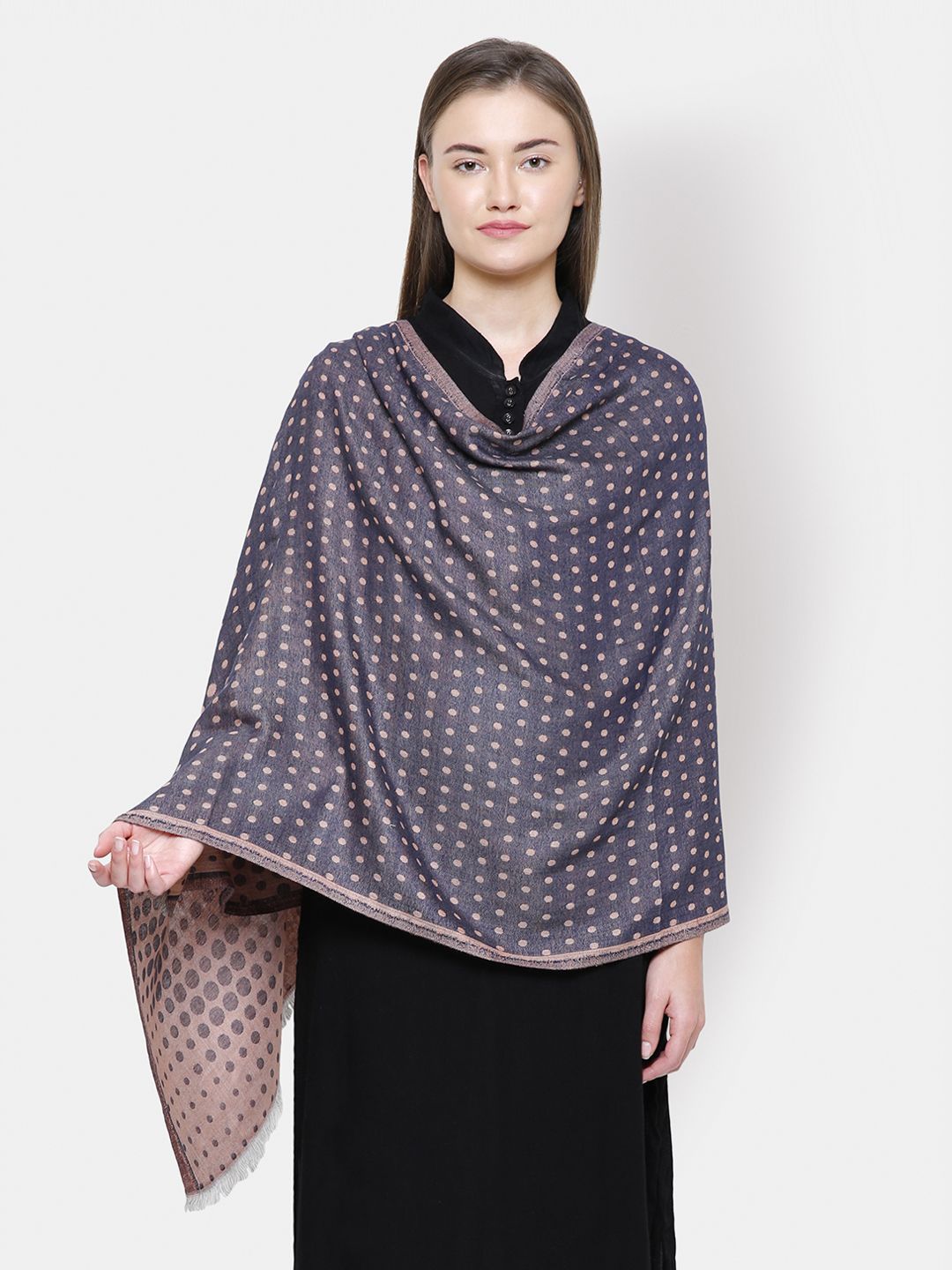 Anekaant Women Navy-Blue & Peach-Coloured Woven-Design Shawl Price in India