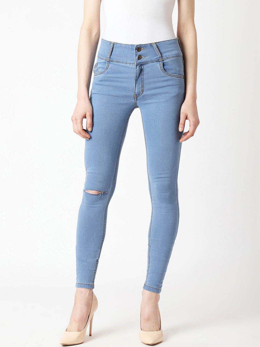 Miss Chase Women Blue Skinny Fit High-Rise Slash Knee Jeans Price in India