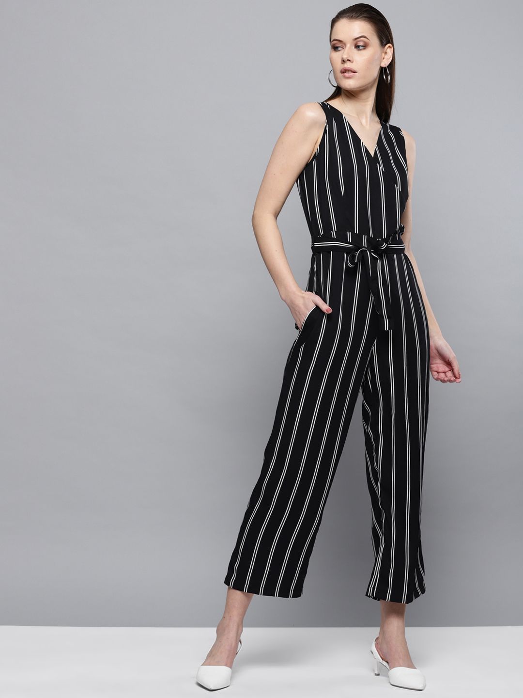 STREET 9 Black & White Striped Cropped Basic Jumpsuit