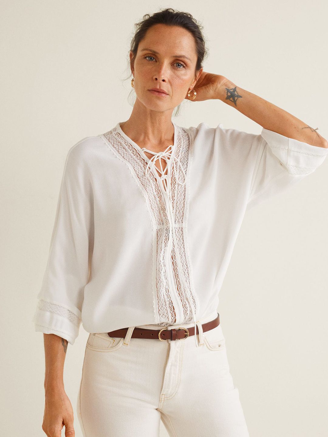 MANGO Women White Solid A-Line Top Price in India