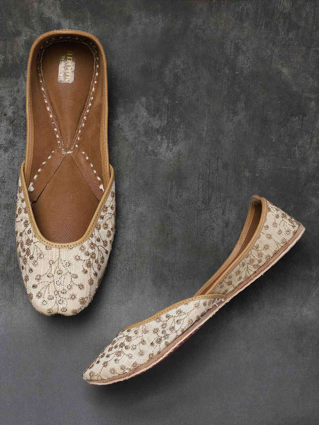 Anouk Women Beige & Gold-Toned Woven Design Mojaris