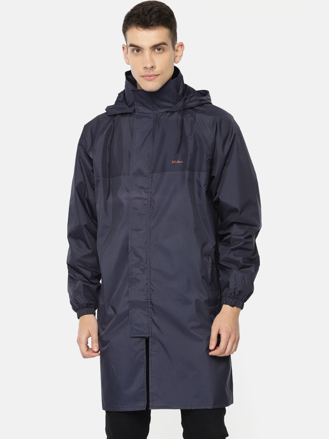 Plutus Men Navy Solid Hooded Longline Waterproof Rain Jacket