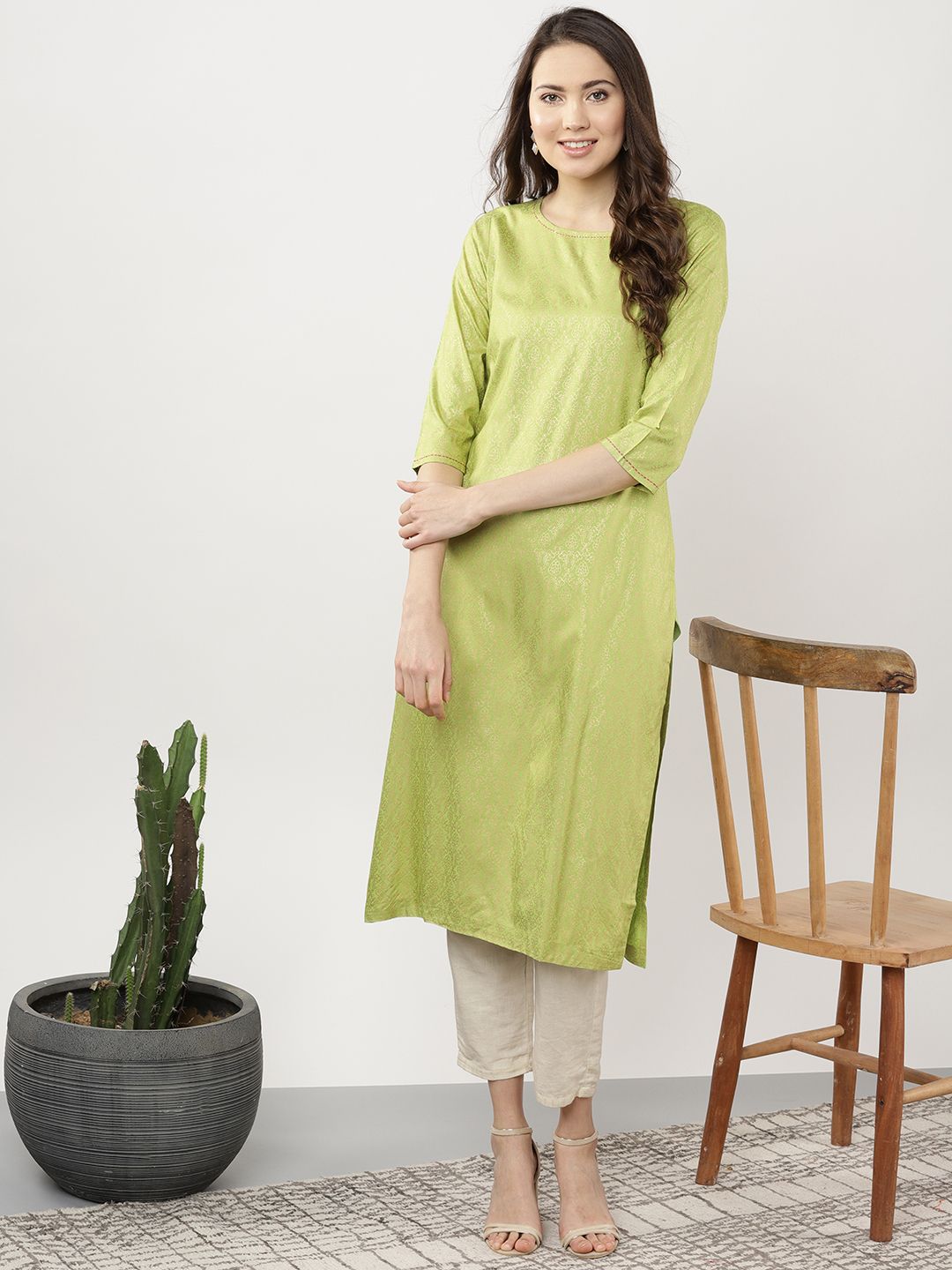 Sangria Women Green & Golden Printed Straight Kurta