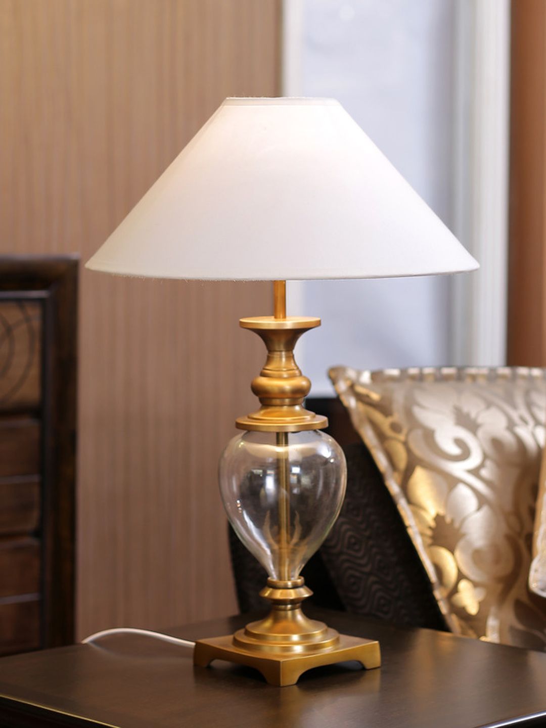 THE LIGHT STORE Gold-Toned & White Self Design Bedside Table Lamp with Shade Price in India