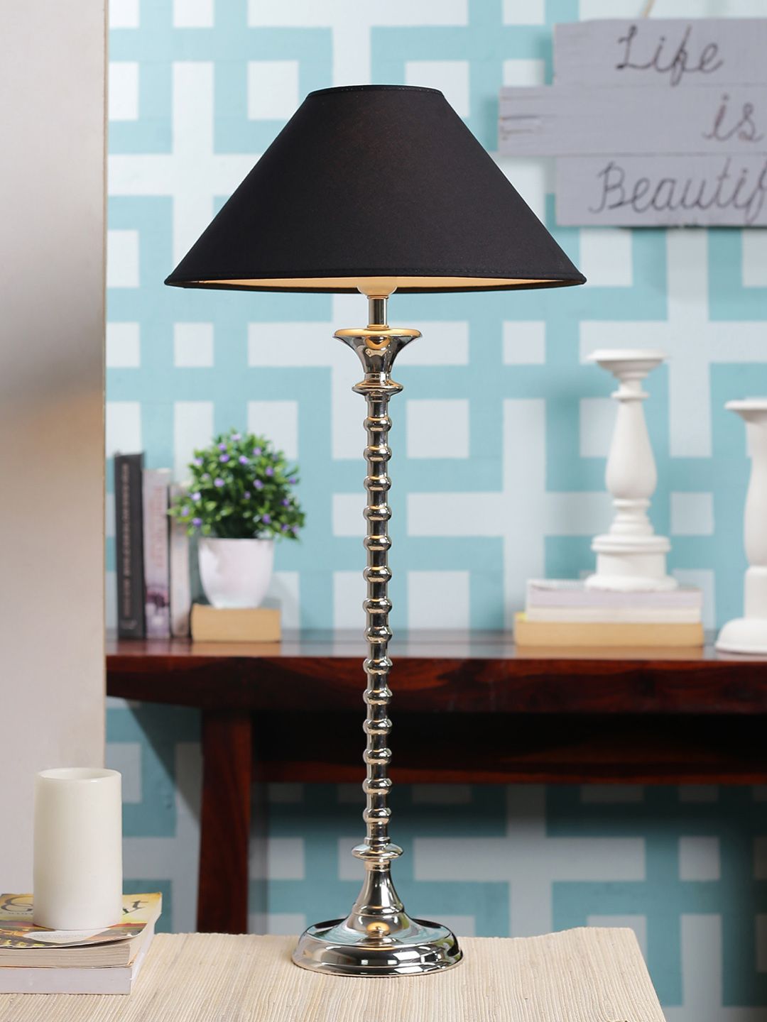 THE LIGHT STORE Silver-Toned & Black Solid Solid Contemporary Table Lamp with Shade Price in India