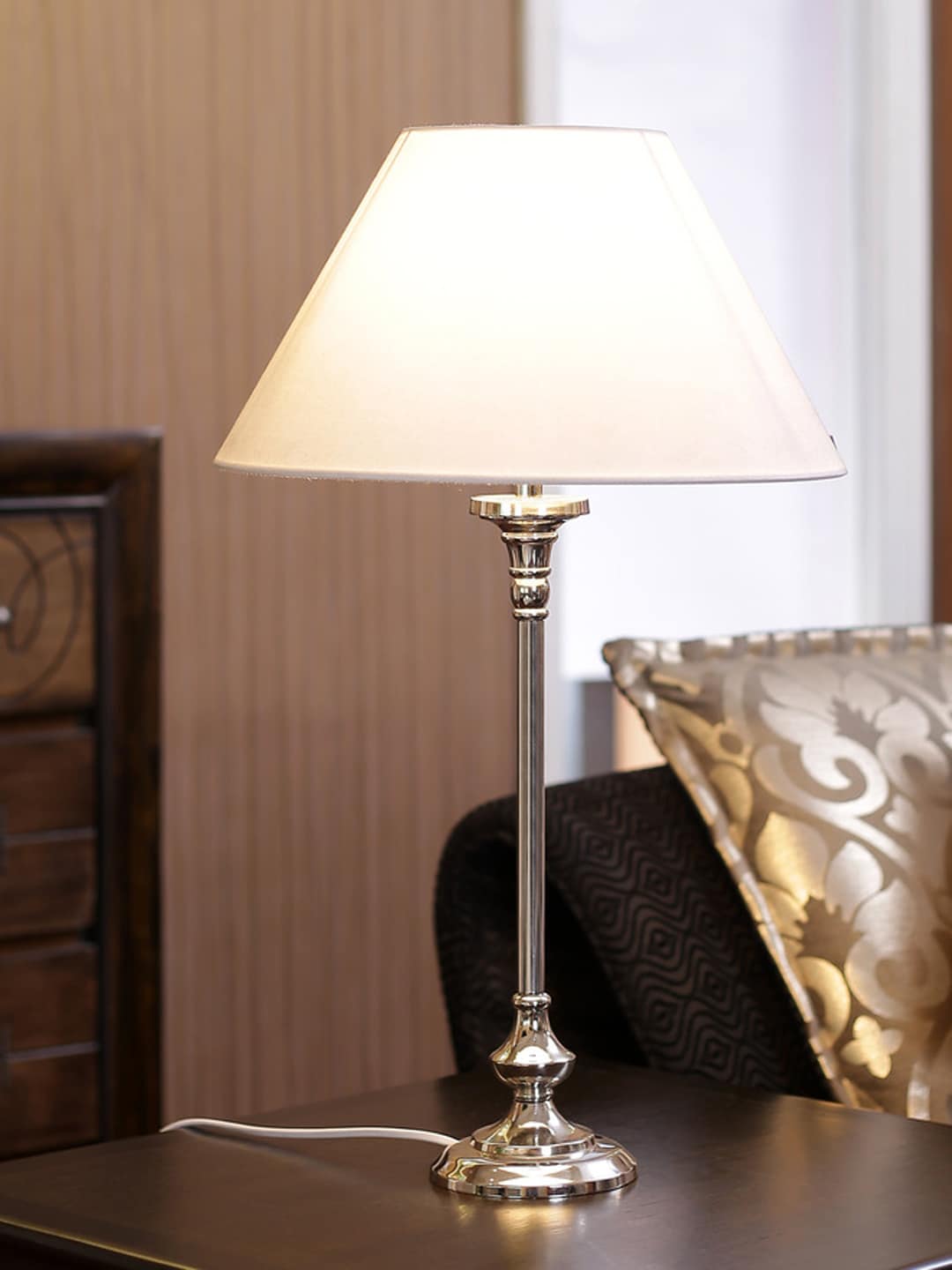 THE LIGHT STORE Silver-Toned Solid Contemporary Bedside Table Lamp with Shade Price in India
