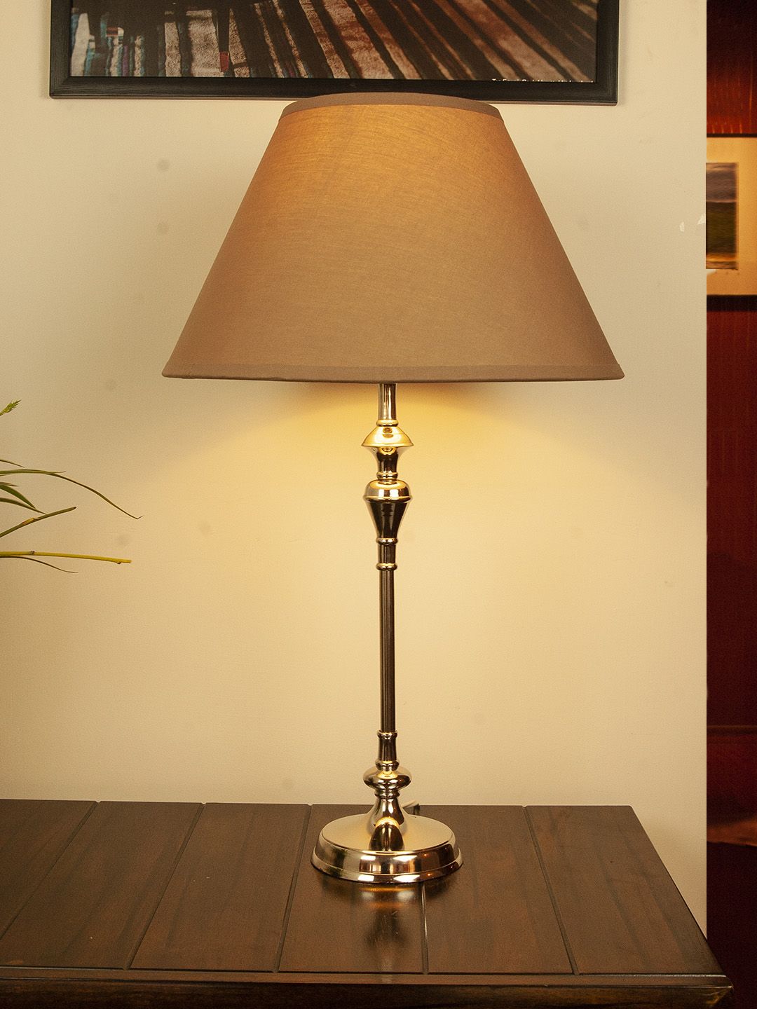 THE LIGHT STORE Silver-Toned & Beige Self Design Bedside Table Lamp with Shade Price in India