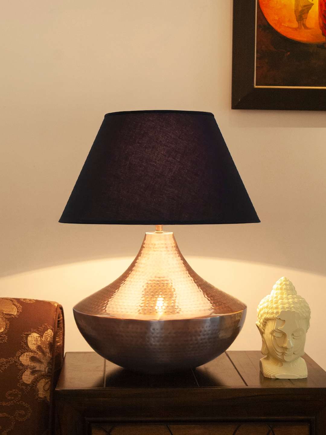 THE LIGHT STORE Copper-Toned & Black Self Design Bedside Table Lamp with Shade Price in India