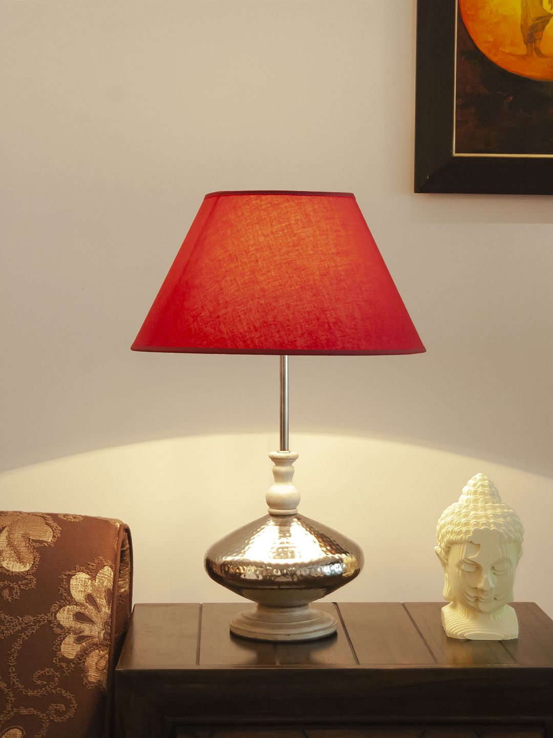 THE LIGHT STORE Red & Gold-Toned Solid Traditional Bedside Table Lamp with Shade Price in India