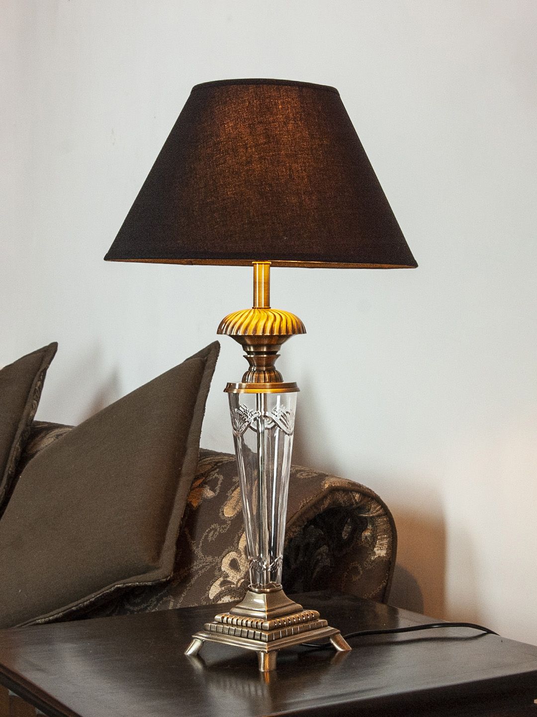 THE LIGHT STORE Brown & Gold-Toned Self Design Bedside Table Lamp with Shade Price in India