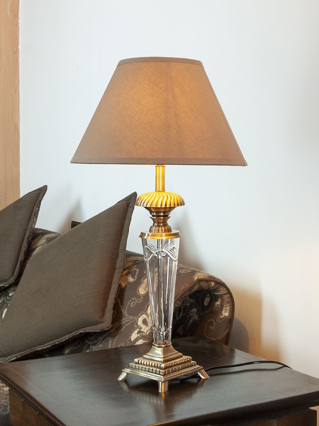 THE LIGHT STORE Gold-Toned & Beige Solid Bedside Standard Table Lamp with Shade Price in India