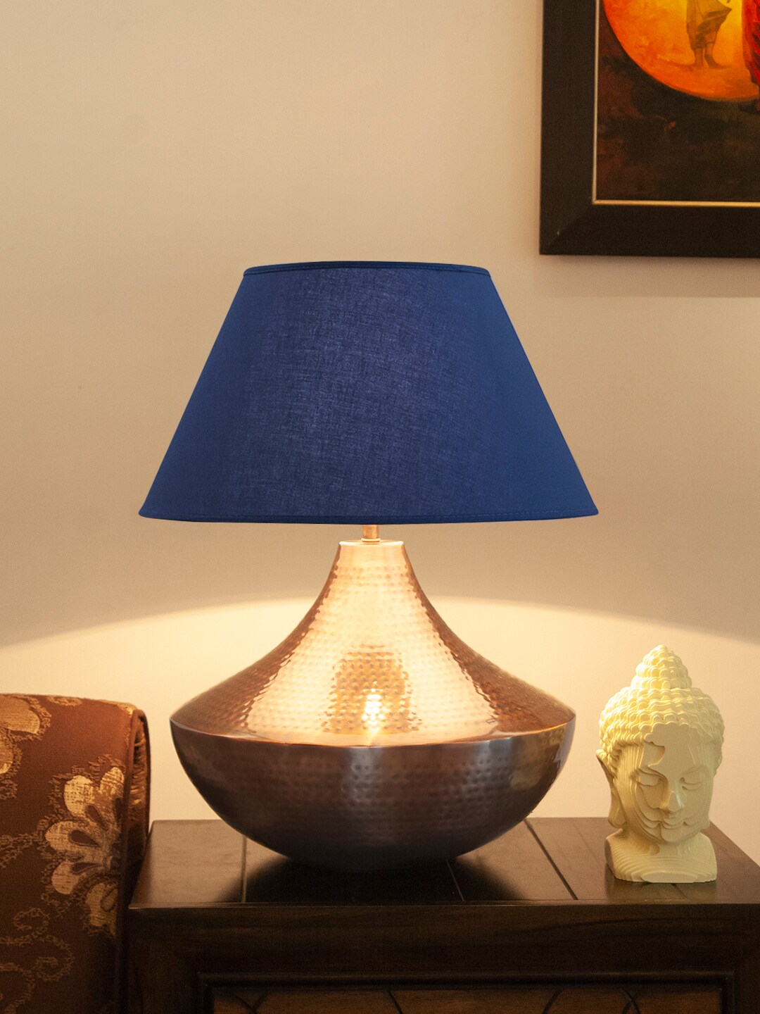 THE LIGHT STORE Copper-Toned & Navy Blue Self Design Bedside Table Lamp with Shade Price in India