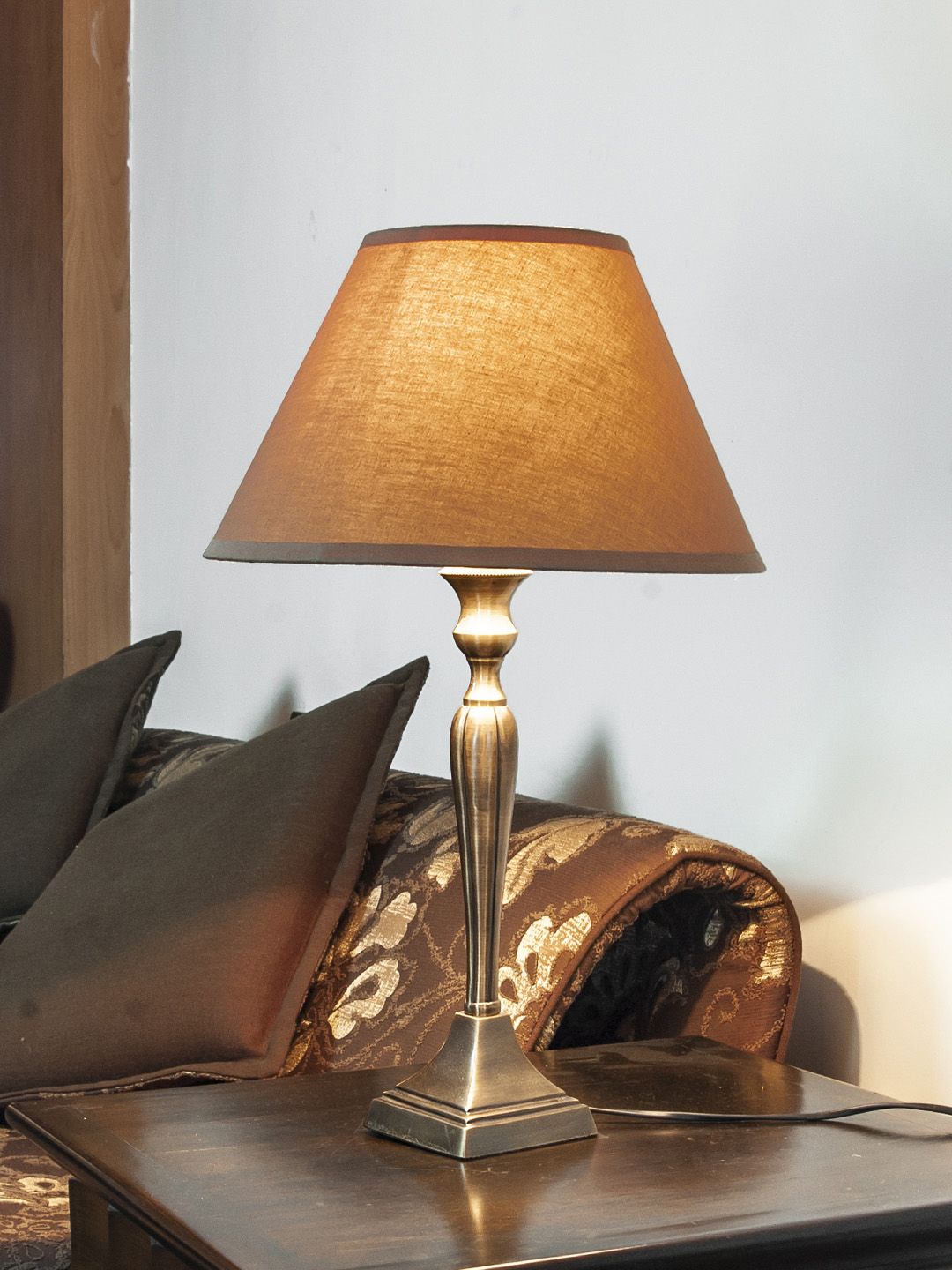 THE LIGHT STORE Gold-Toned & Brown Self Design Bedside Table Lamp with Shade Price in India