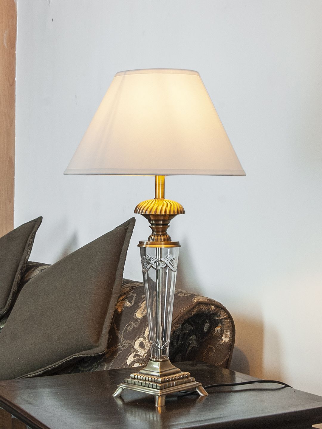THE LIGHT STORE Gold-Toned & Off-White Self Design Bedside Table Lamp with Shade Price in India