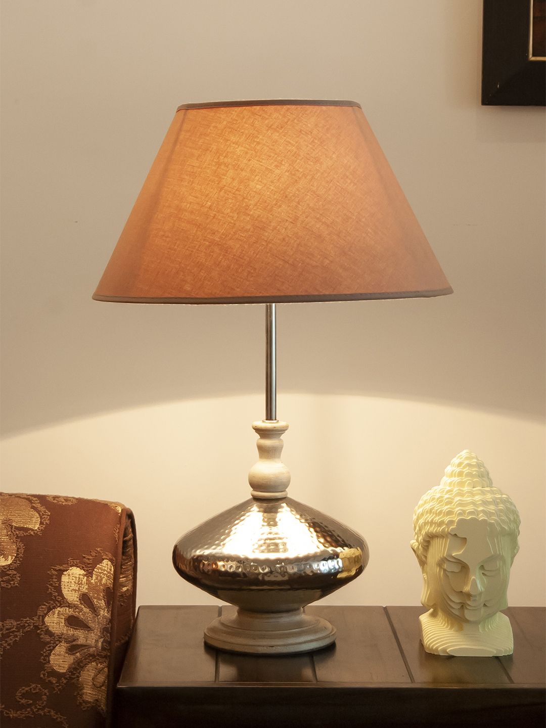 THE LIGHT STORE White & Gold-Toned Self Design Bedside Table Lamp with Shade Price in India