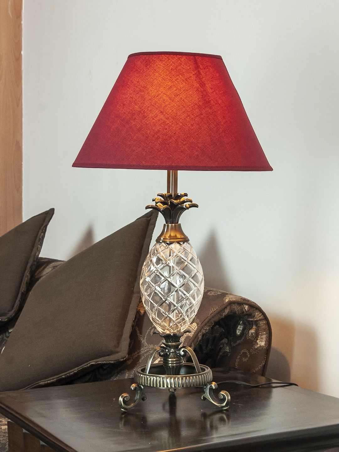 THE LIGHT STORE Gold-Toned & Red Self Design Bedside Table Lamp with Shade Price in India
